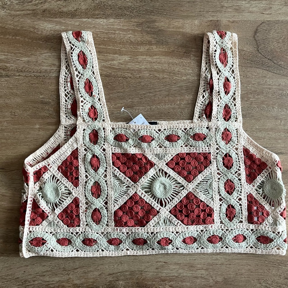 Handcrafted Crochet Crop Top - Red and Cream